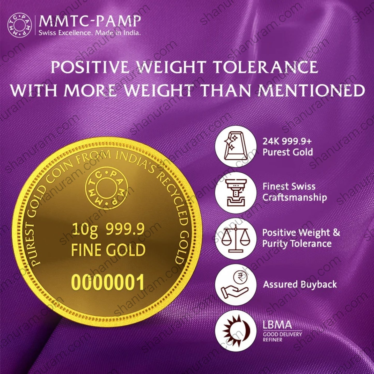 MMTC-PAMP 10g 24K 999.9+ Pure Gold Coin – 80th Year of Independence Edition