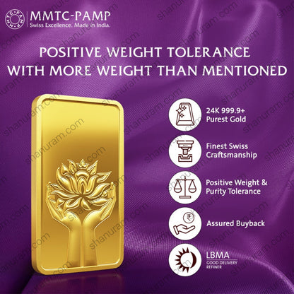 MMTC-PAMP 1 Gram 24K 999.9+ Pure Gold Bar – Lotus & Hands Design