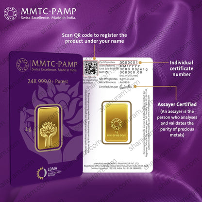 MMTC-PAMP 1 Gram 24K 999.9+ Pure Gold Bar – Lotus & Hands Design