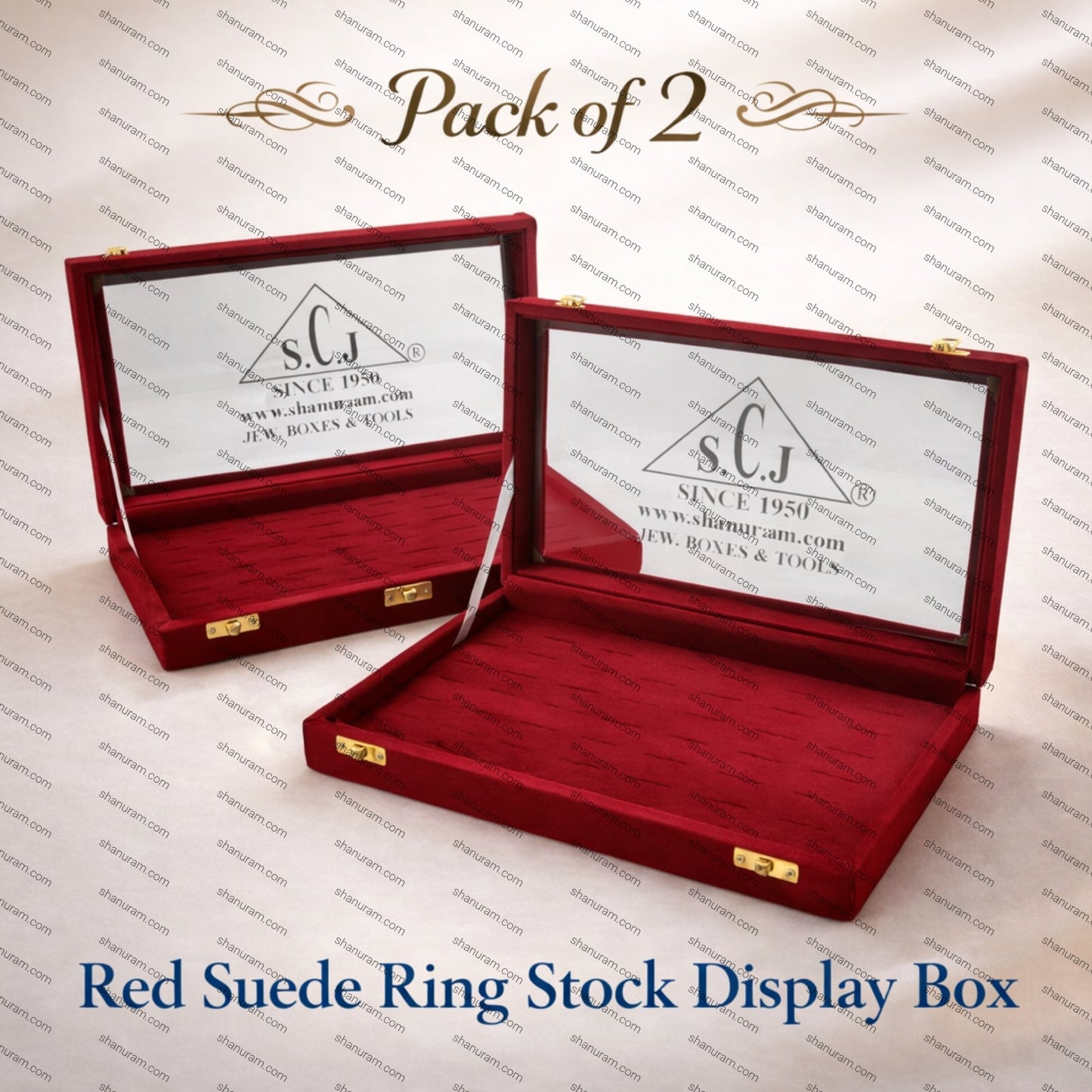 Pack of 2 Red Suede Ring Stock Display Box | Luxury Jewellery Display Case with Glass Lid