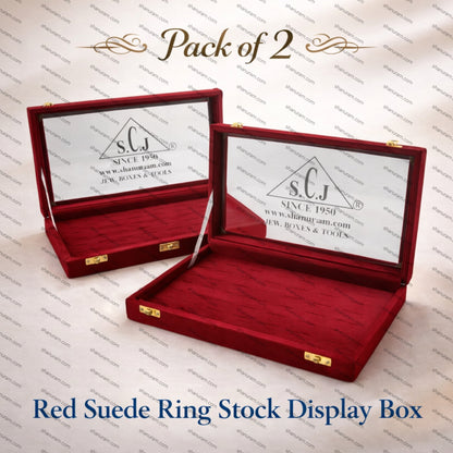 Pack of 2 Red Suede Ring Stock Display Box | Luxury Jewellery Display Case with Glass Lid