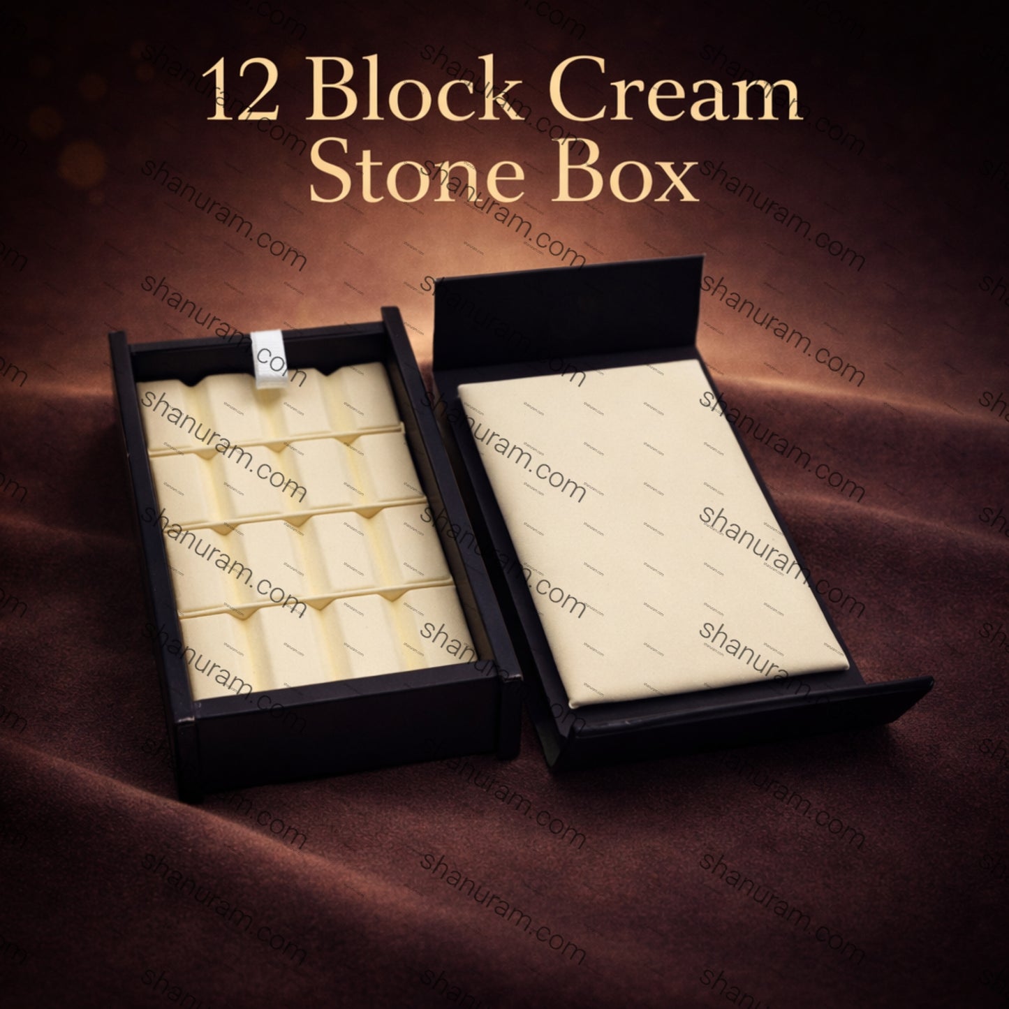 12 Block Cream Stone Box with Magnetic Cover – Rexine Gem Storage Display Case (4.5 x 2.5 x 1 Inch)