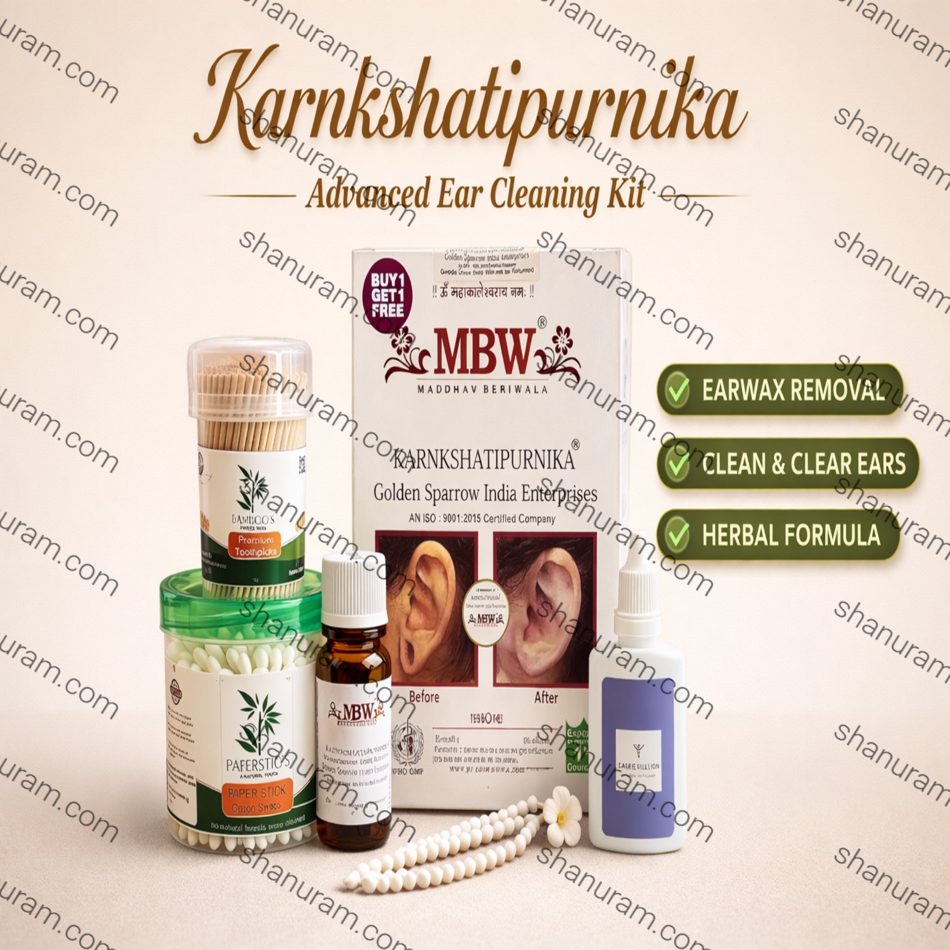 Karnkshatipurnika Advanced Ear Cleaning Kit with various ear cleaning products on a beige background.