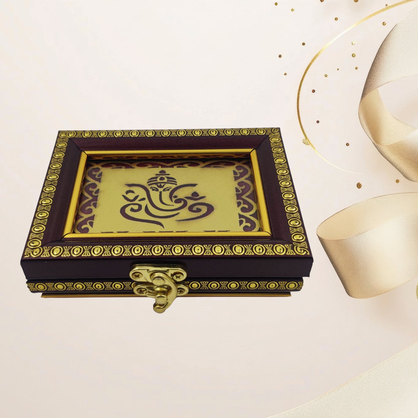 Premium 5g Red Wooden 7-Coin Square Box | Elegant Ginni Gift Box for 5g Silver & Gold Coins (Sikka)