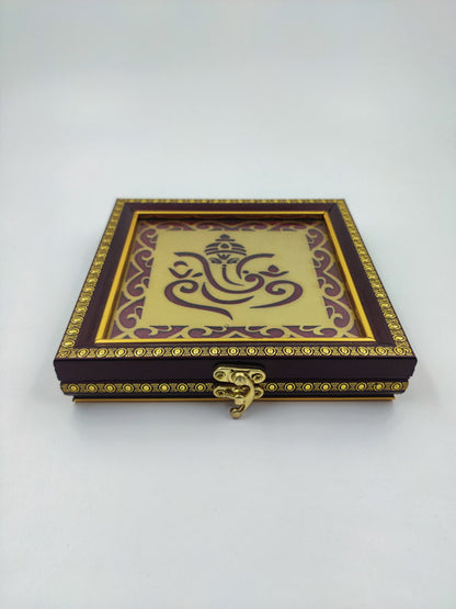 Premium 5g Red Wooden 7-Coin Square Box | Elegant Ginni Gift Box for 5g Silver & Gold Coins (Sikka)