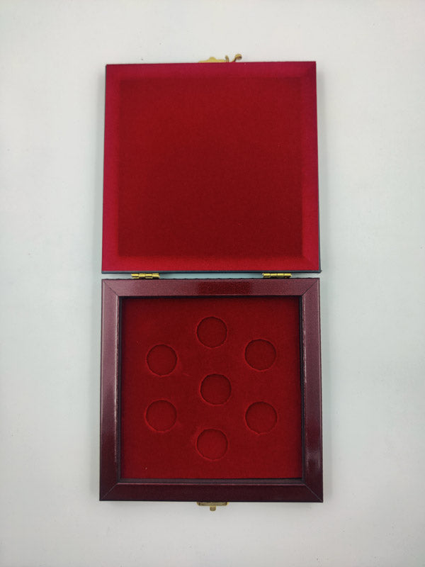 Premium 5g Red Wooden 7-Coin Square Box | Elegant Ginni Gift Box for 5g Silver & Gold Coins (Sikka)