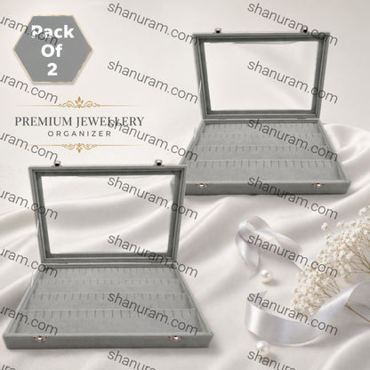 Pack of 2 – Earring & Tops Jewellery Display Boxes | Wooden Organizer with Mirror & Suede Finish | Grey | Jewellery Stock Storage for Retail & Personal Use
