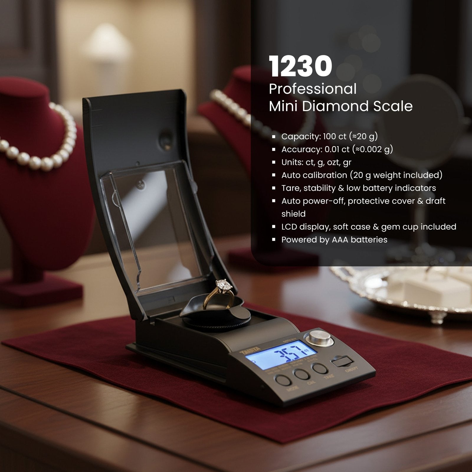 Professional mini diamond scale on a table with jewelry in the background