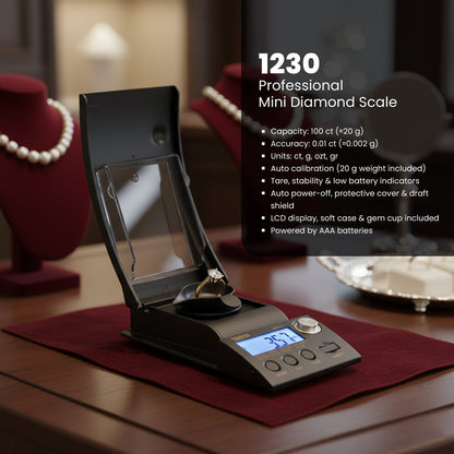 Professional mini diamond scale on a table with jewelry in the background