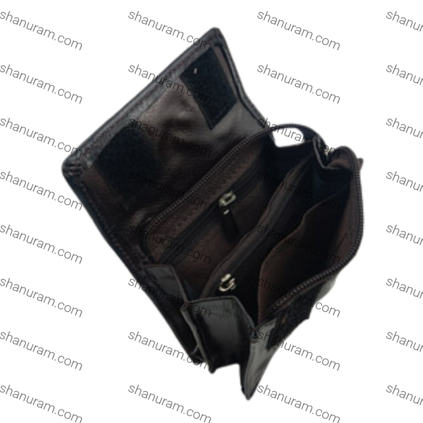 Black leather wallet on a white background with 'shanuram.com' watermark.