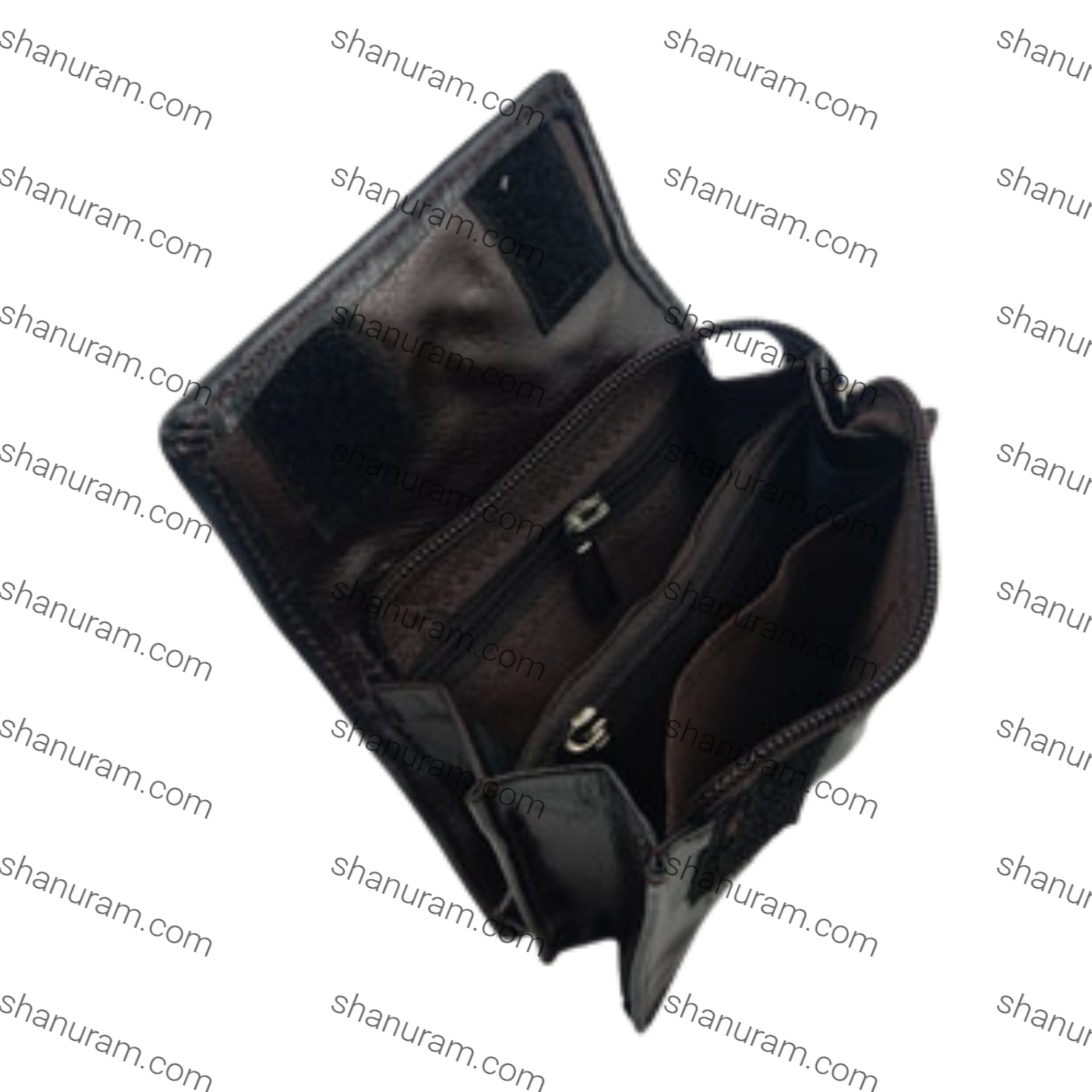 Black leather wallet on a white background with 'shanuram.com' watermark.