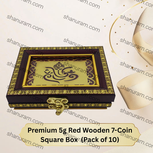 Premium 5g Red Wooden 7-Coin Square Box | Elegant Ginni Gift Box for 5g Silver & Gold Coins (Sikka)