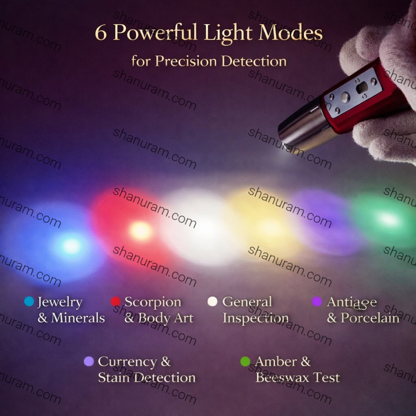 Gemstone Identification Torch with 6 LED Shades | Jade flashlight | Lithium Battery USB Rechargable Dual Head for Academic Research