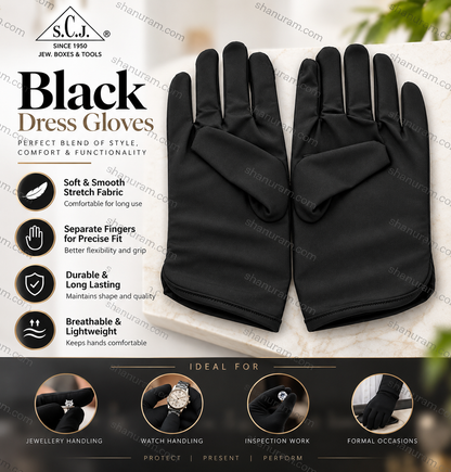 Black dress gloves displayed on a light marble surface with product features and branding text on a white and dark background. The gloves are shown as a pair, with text highlighting soft stretch fabric, separate fingers, and suitability for jewelry handling, watch handling, inspection work, and formal occasions.