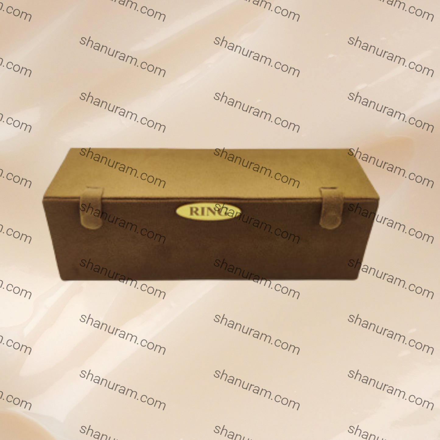 Brown leather case with 'Ringo' branding on a beige background with 'shanuram.com' text.